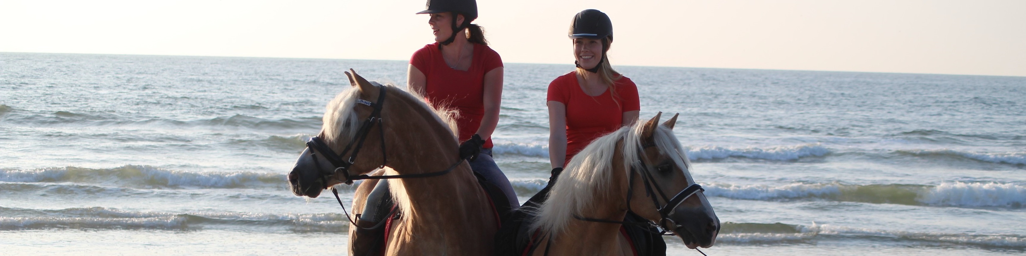 Nynke met haar haflinger en een vriendin op het strand